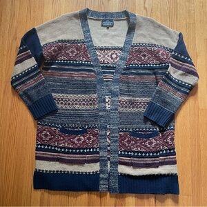 Angie Cardigan Sweater Womens L Wool Navy Tan Stripe Grandpacore Western Boho